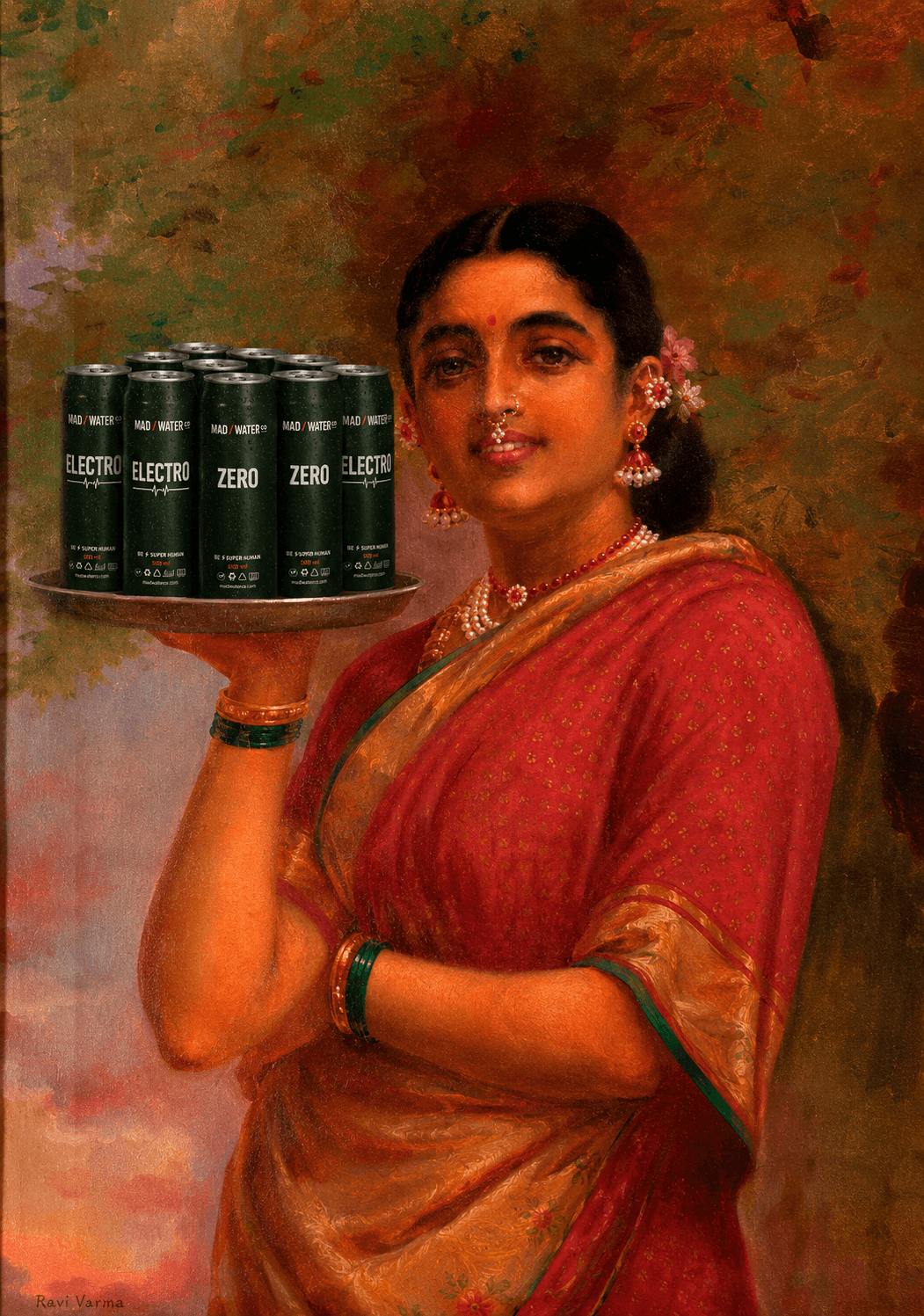 MadWater art series — a figure holding a six-pack tray of cans